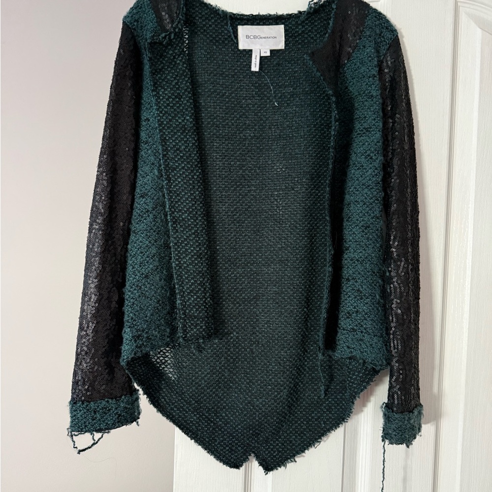 BCBGeneration Dark Teal Open-Front Sweater with Black Lace Sleeves